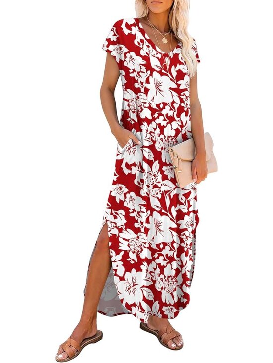 Dresses & Skirts - Women's Red Withe V Neck Cap Sleeve Long With Pocket Pull On Casual Maxi Dresses